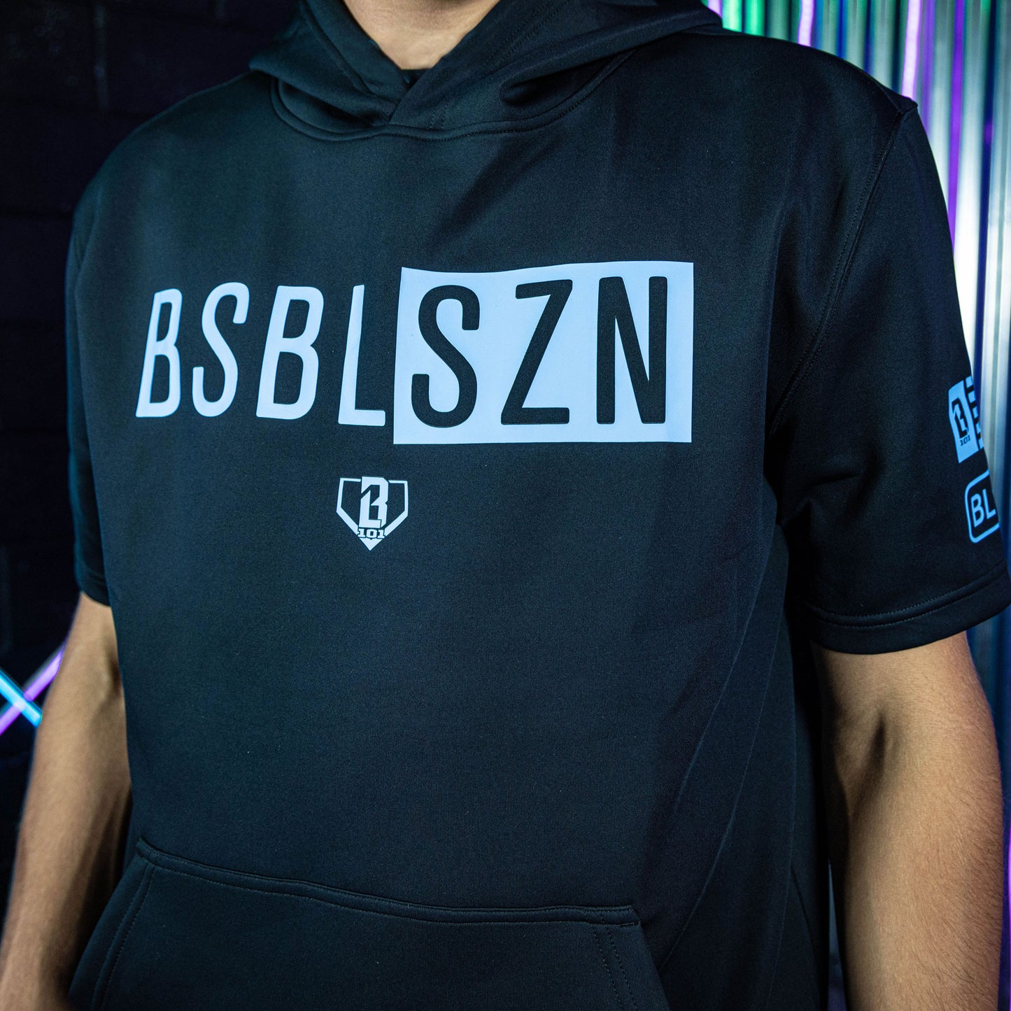 BSBL-SZN Youth Short Sleeve Hoodie V3 - Black/Light Blue