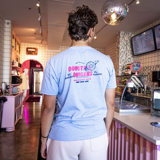 Blue baseball tee, blue donuts and dingers tee