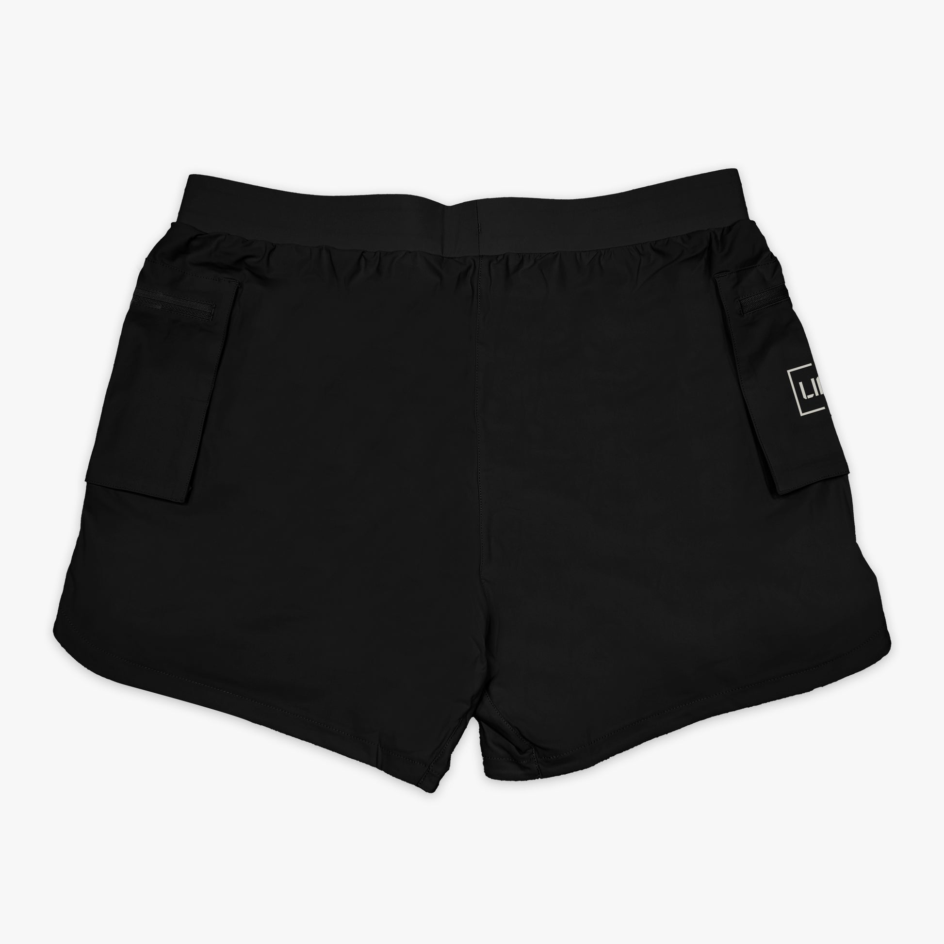 Back side of performance athletic black cargo shorts.