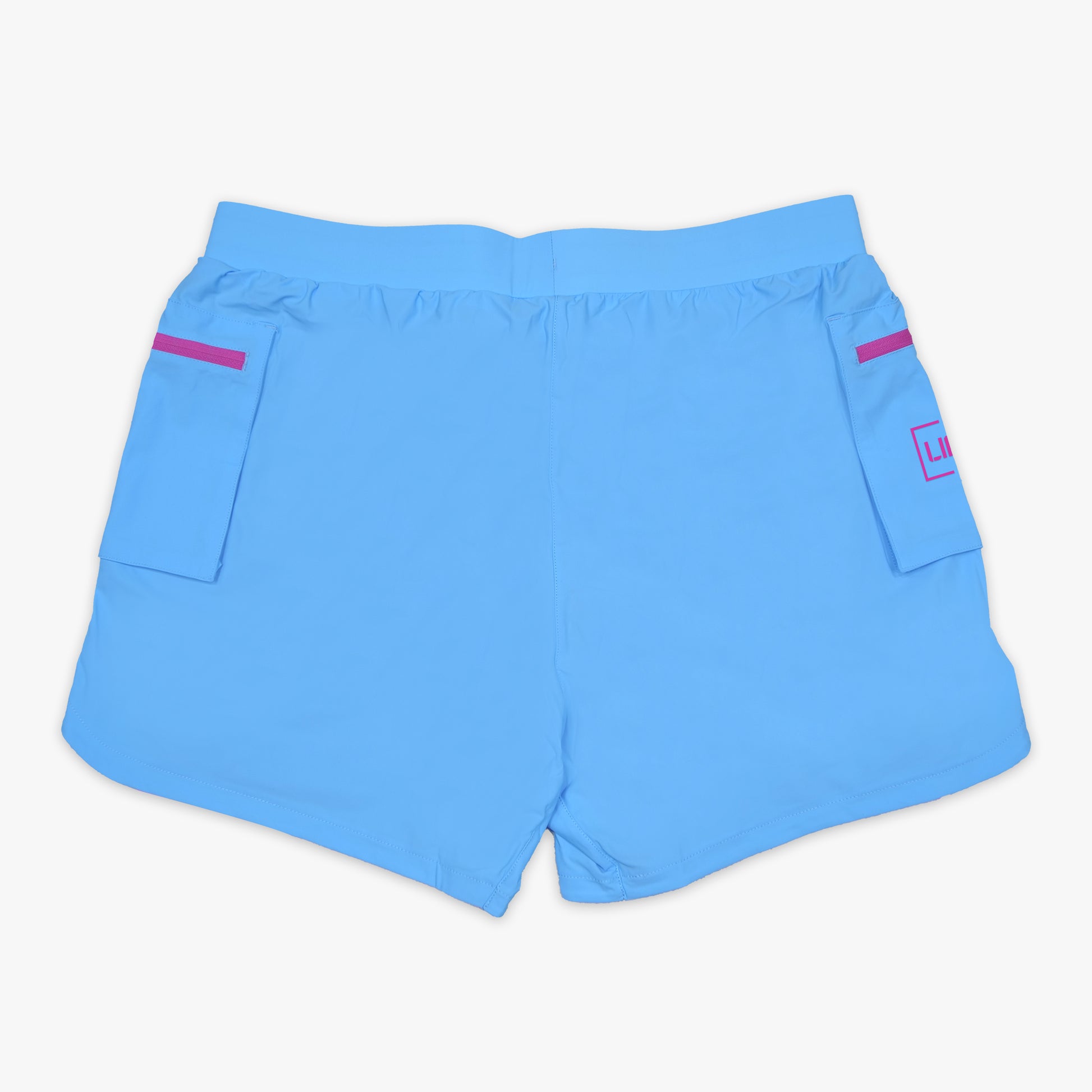 back side of cotton candy blue athletic performance cargo shorts.