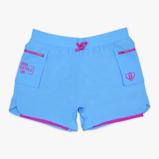 cotton candy blue athletic performance cargo shorts.