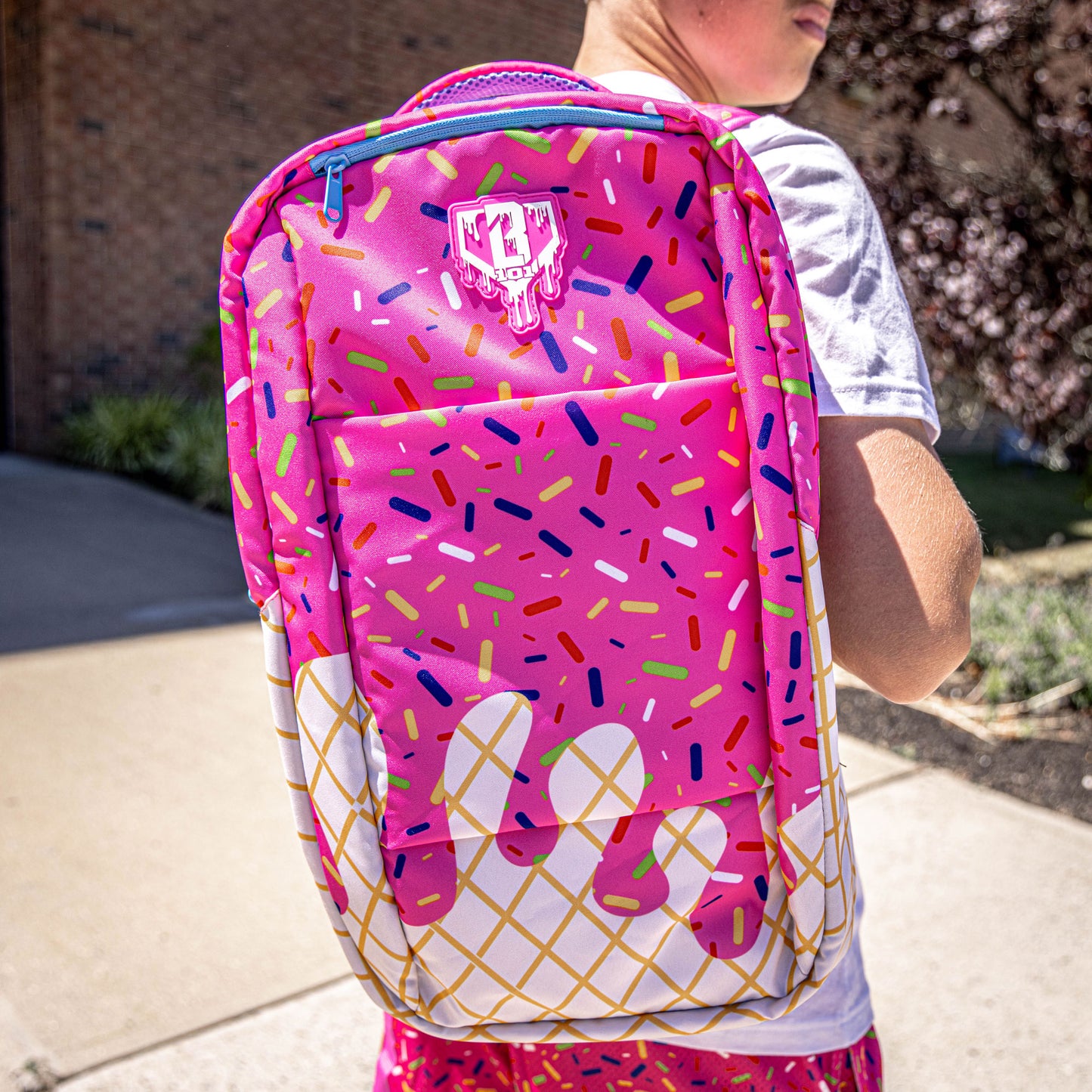 Pink ice cream backpack, pink baseball backpack, pink drip backpack