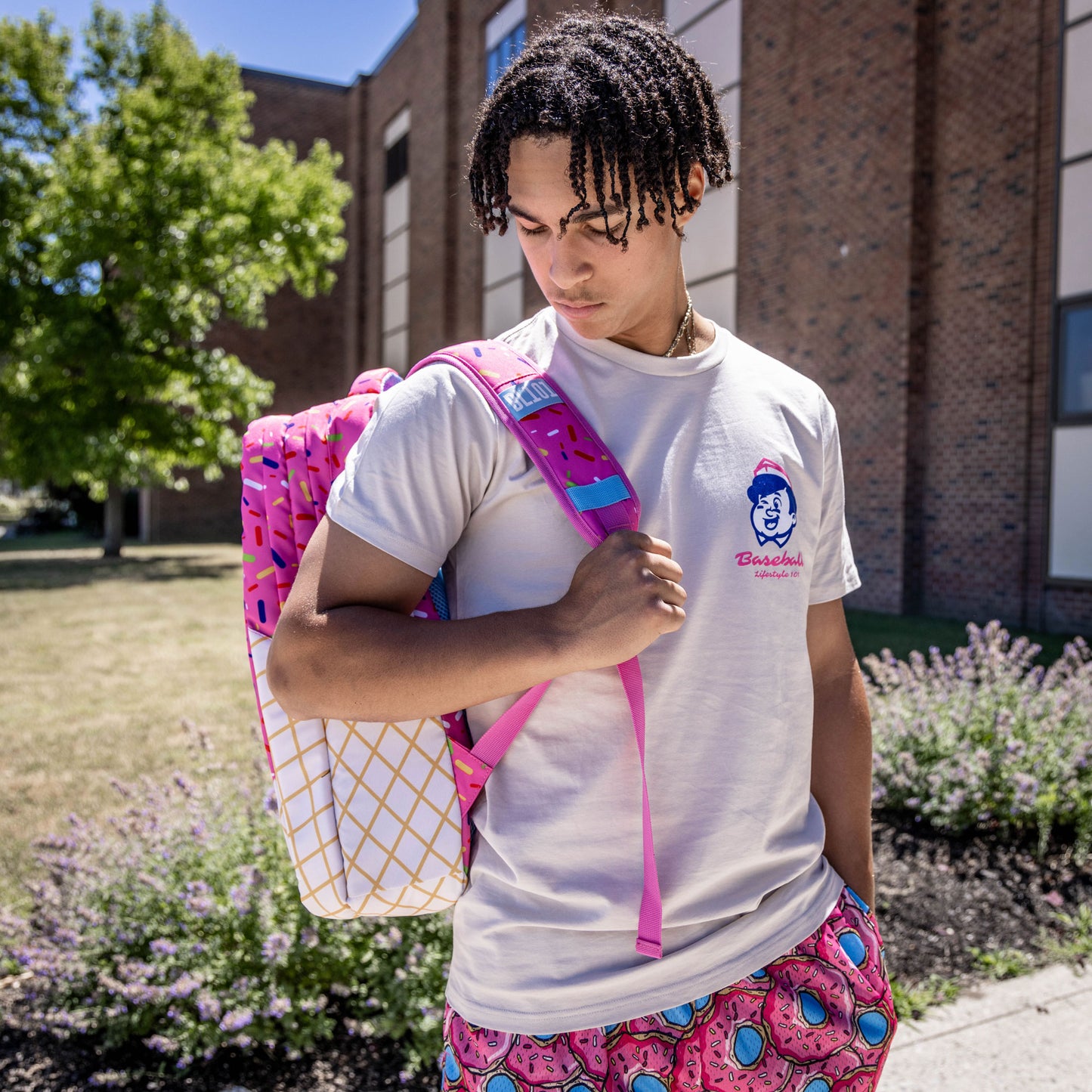 Pink frozen ropes backpack, pink ice cream backpack