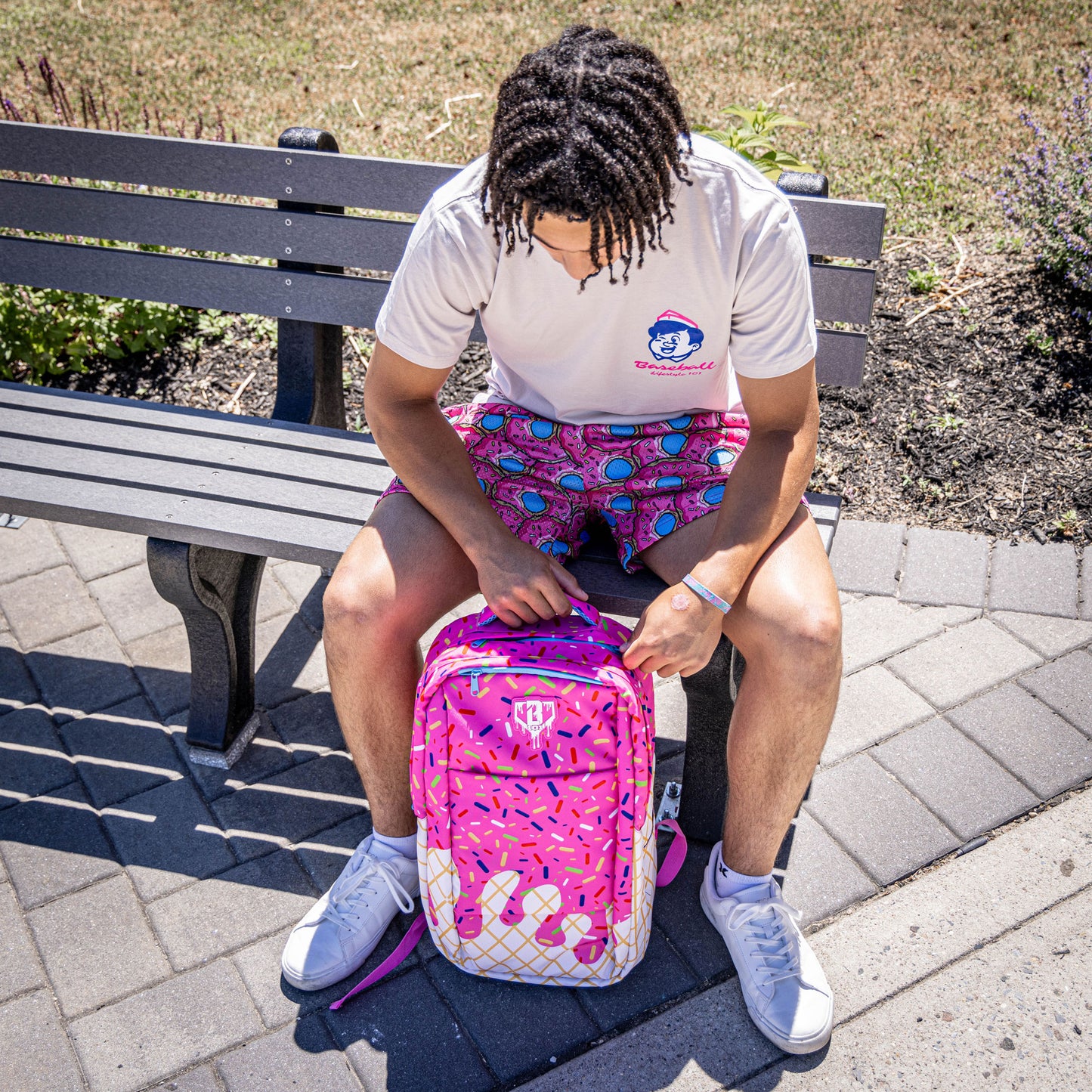 Pink Ice Cream backpack, Pink baseball backpack, ice cream drip